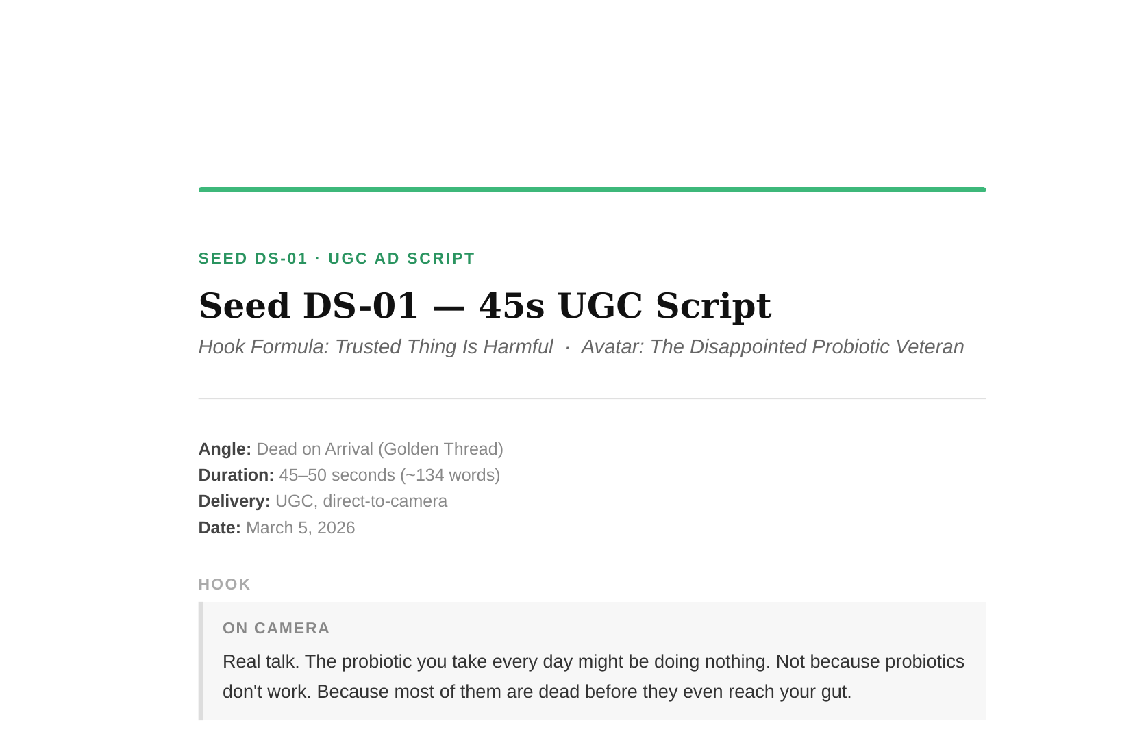 Seed UGC Ad Script — page 1 preview